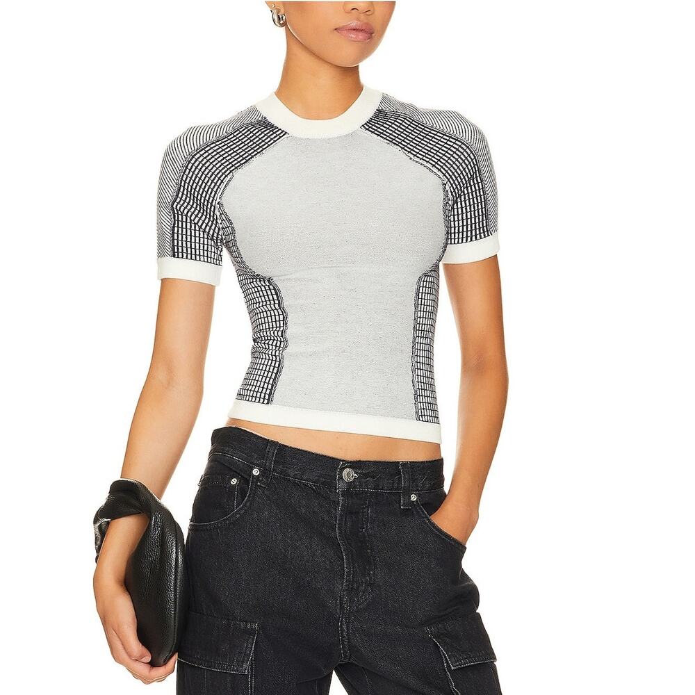 H:ours Textured Ivory And Navy Charli Moto Knit Top Size XS